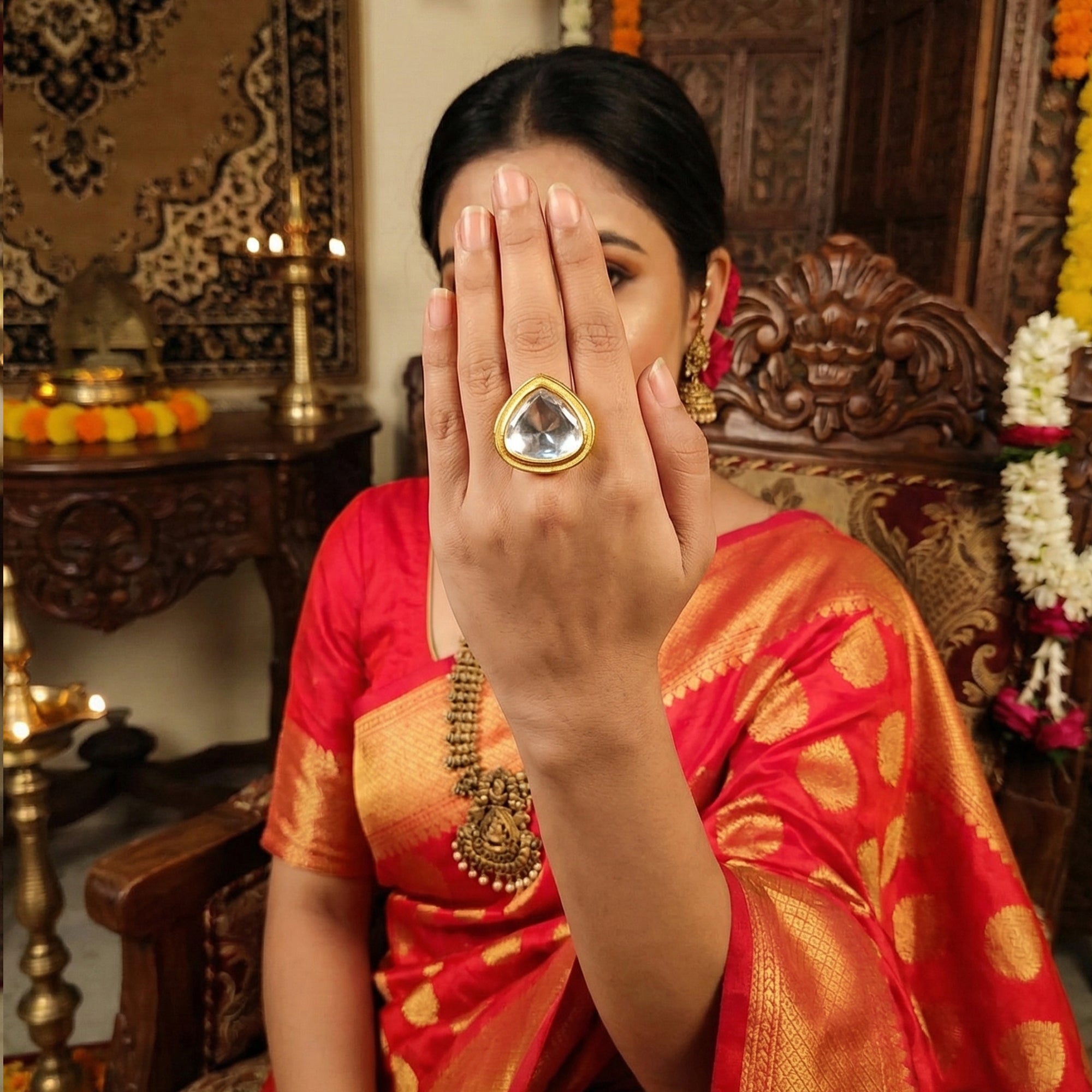 JS Fashion Kundan High Gold Polish Full Stone Designer Finger Rings for Women | Adjustable Ethnic Bridal Jewellery for Wedding, Party & Festive | Statement Ring Gift Set | Grab2Buy