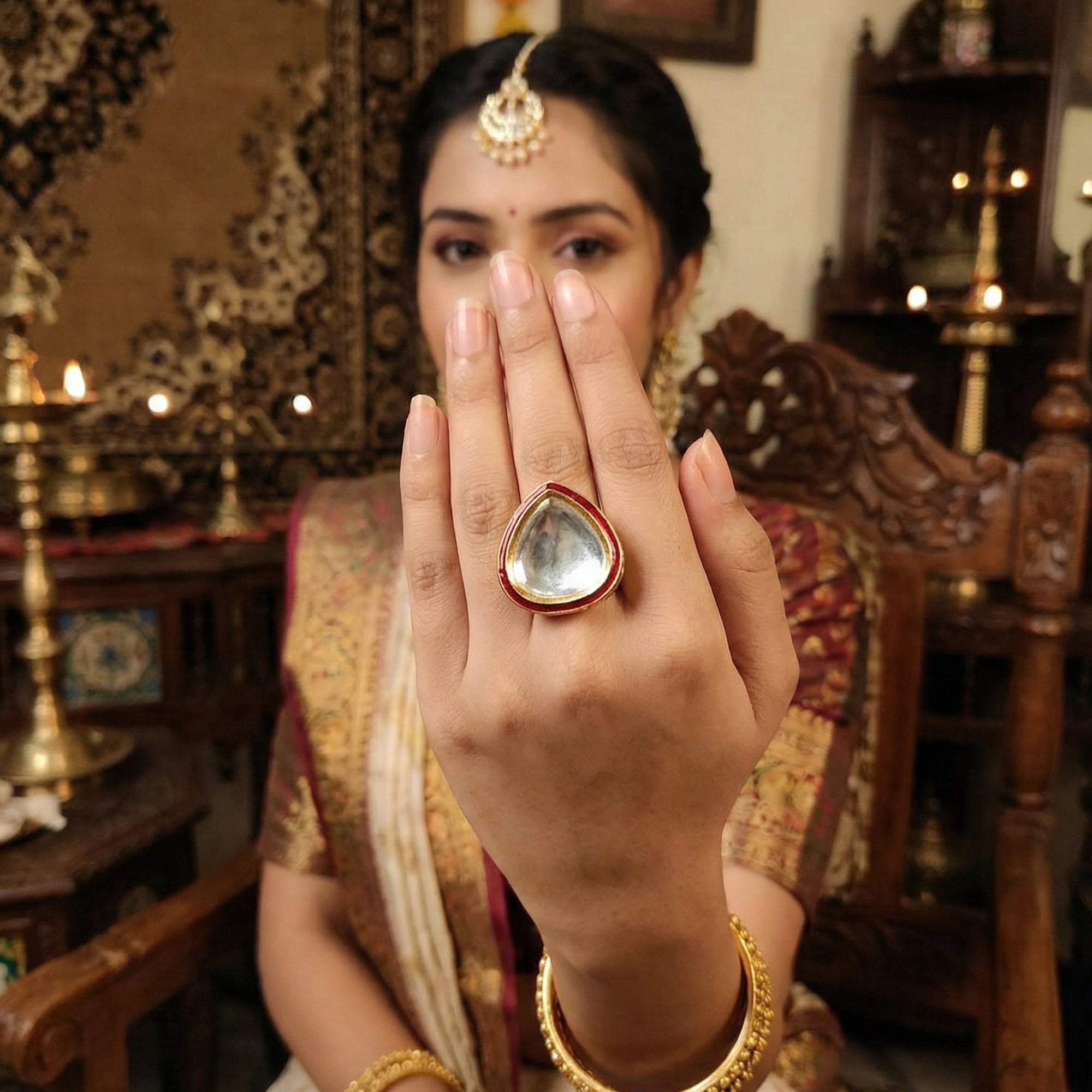 JS Fashion Kundan High Gold Polish Full Stone Designer Finger Rings for Women | Adjustable Ethnic Bridal Jewellery for Wedding, Party & Festive | Statement Ring Gift Set | Grab2Buy