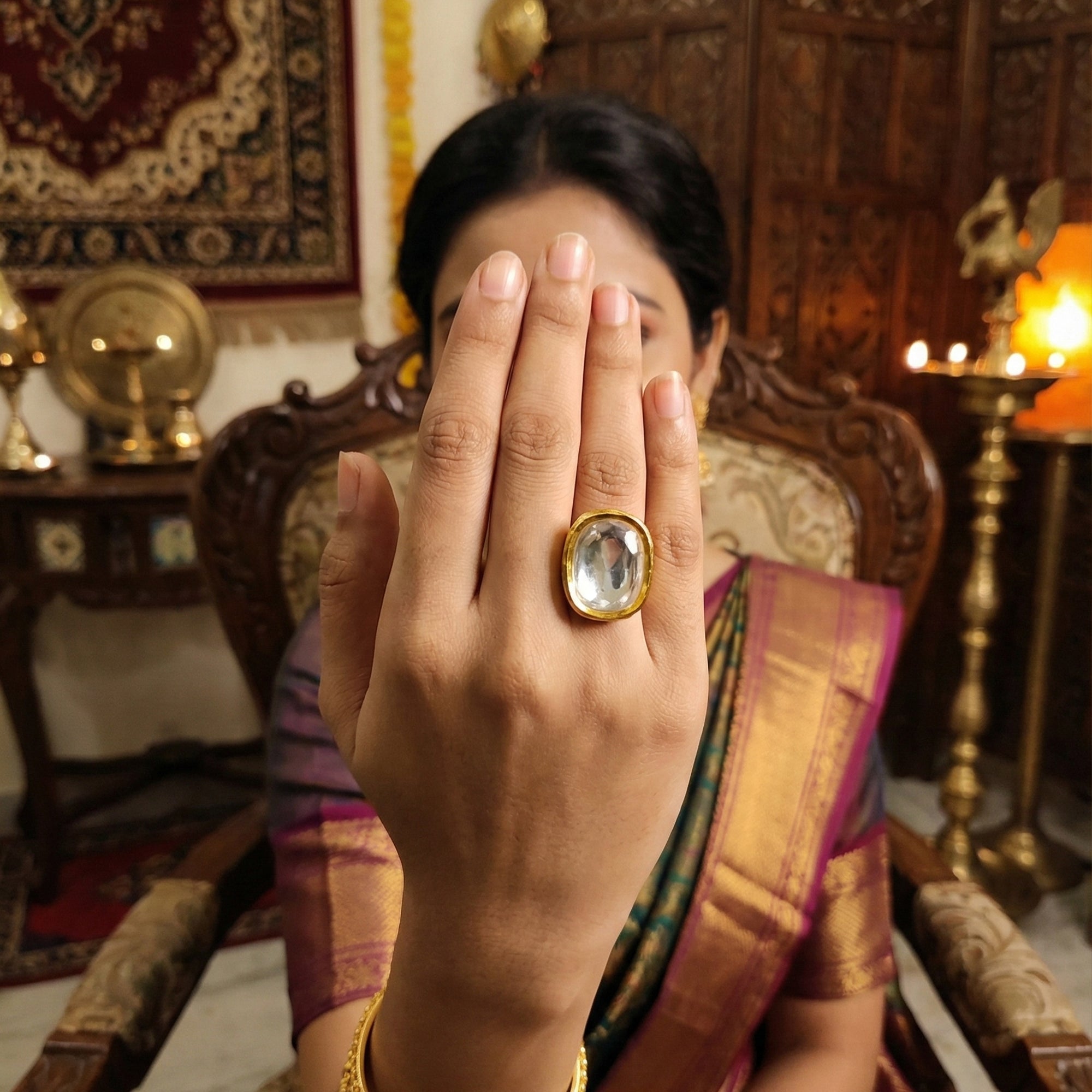 JS Fashion Beautiful High Gold Polish Full Kundan Stone Party Wear Finger Rings for Women | Adjustable Ethnic Bridal Jewellery for Wedding, Cocktail & Festive | Royal Statement Gift | Grab2Buy