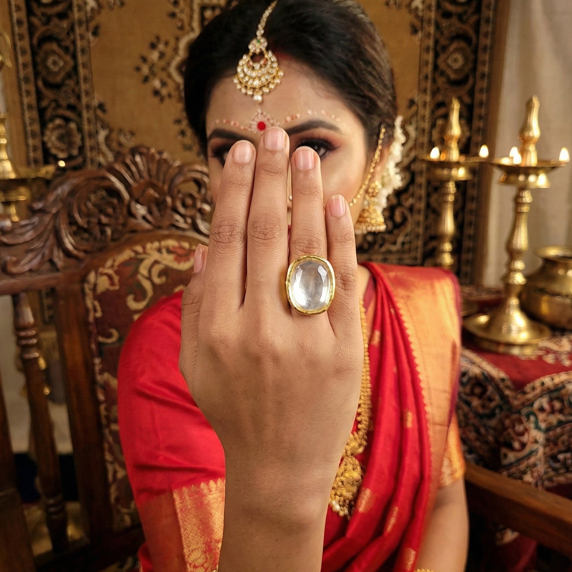 JS Fashion Beautiful Designer High Gold Full Stone Finger Rings for Women | Adjustable Ethnic Bridal Statement Jewellery for Wedding, Party & Festive | Royal Glam Ring Gift | Grab2Buy