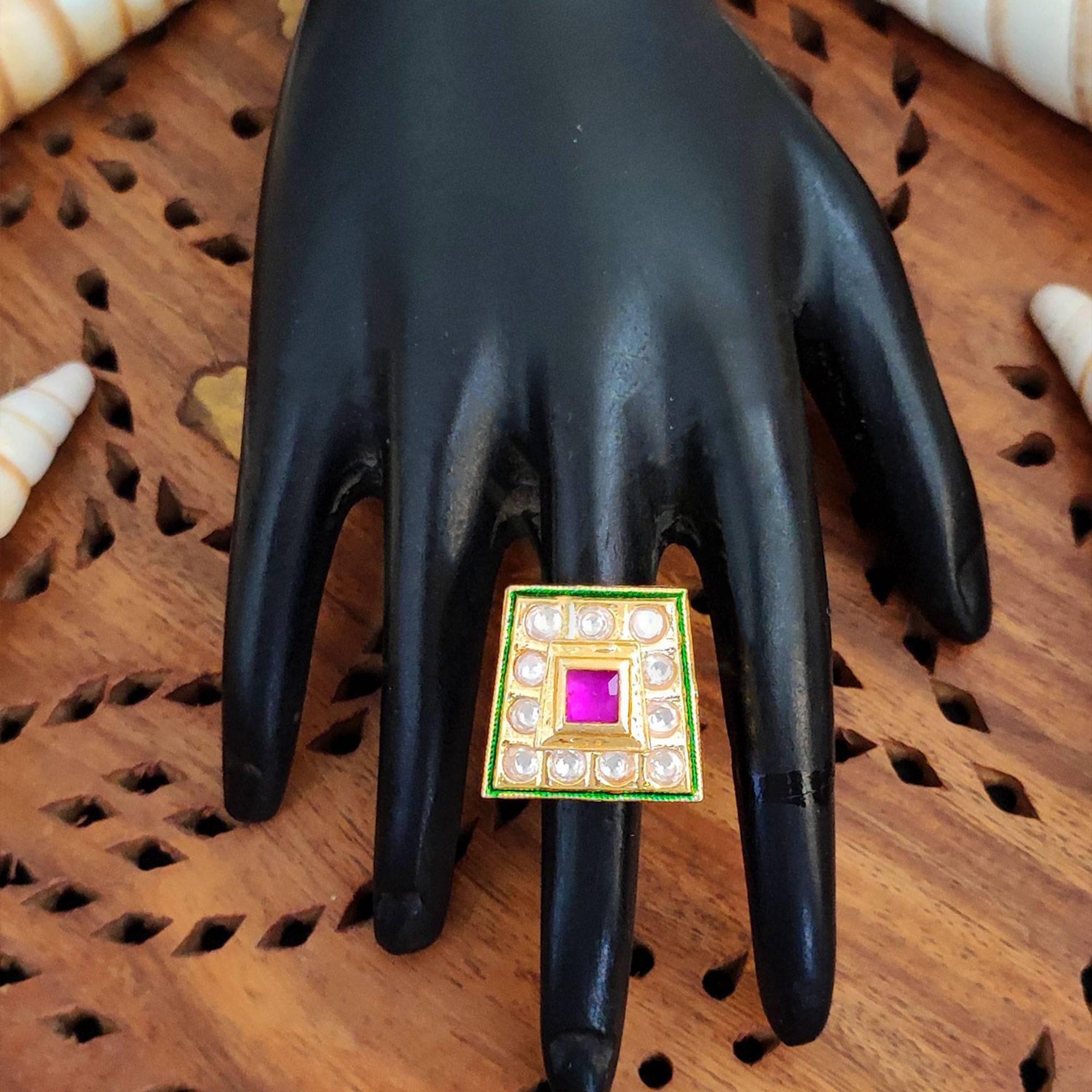 JS Fashion High Gold Square Kundan Adjustable Finger Ring for Women|Royal Square Stone Ring Gift | Grab2Buy