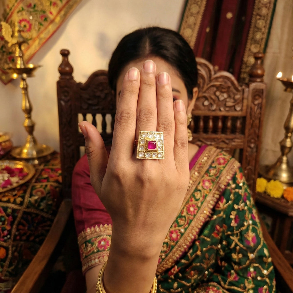JS Fashion High Gold Square Kundan Adjustable Finger Ring for Women|Royal Square Stone Ring Gift | Grab2Buy