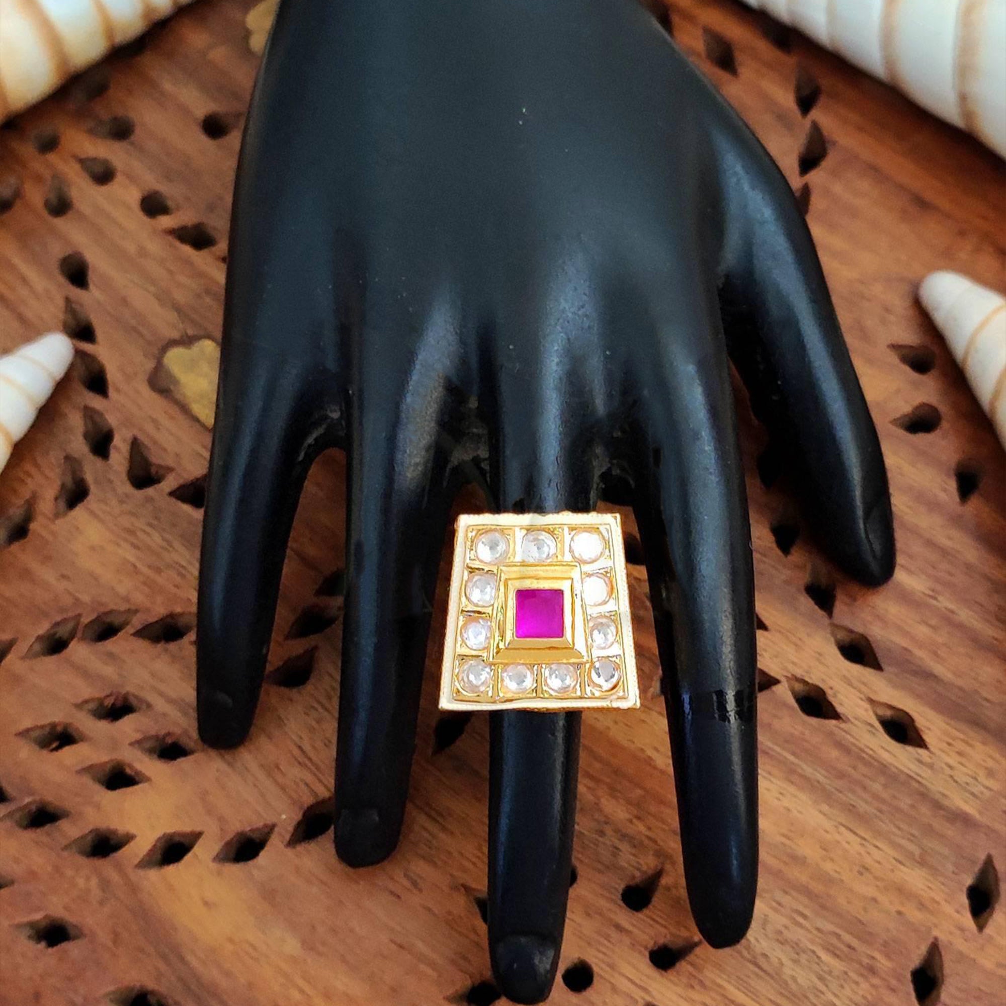 JS Fashion High Gold Square Kundan Adjustable Finger Ring for Women|Royal Square Stone Ring Gift | Grab2Buy