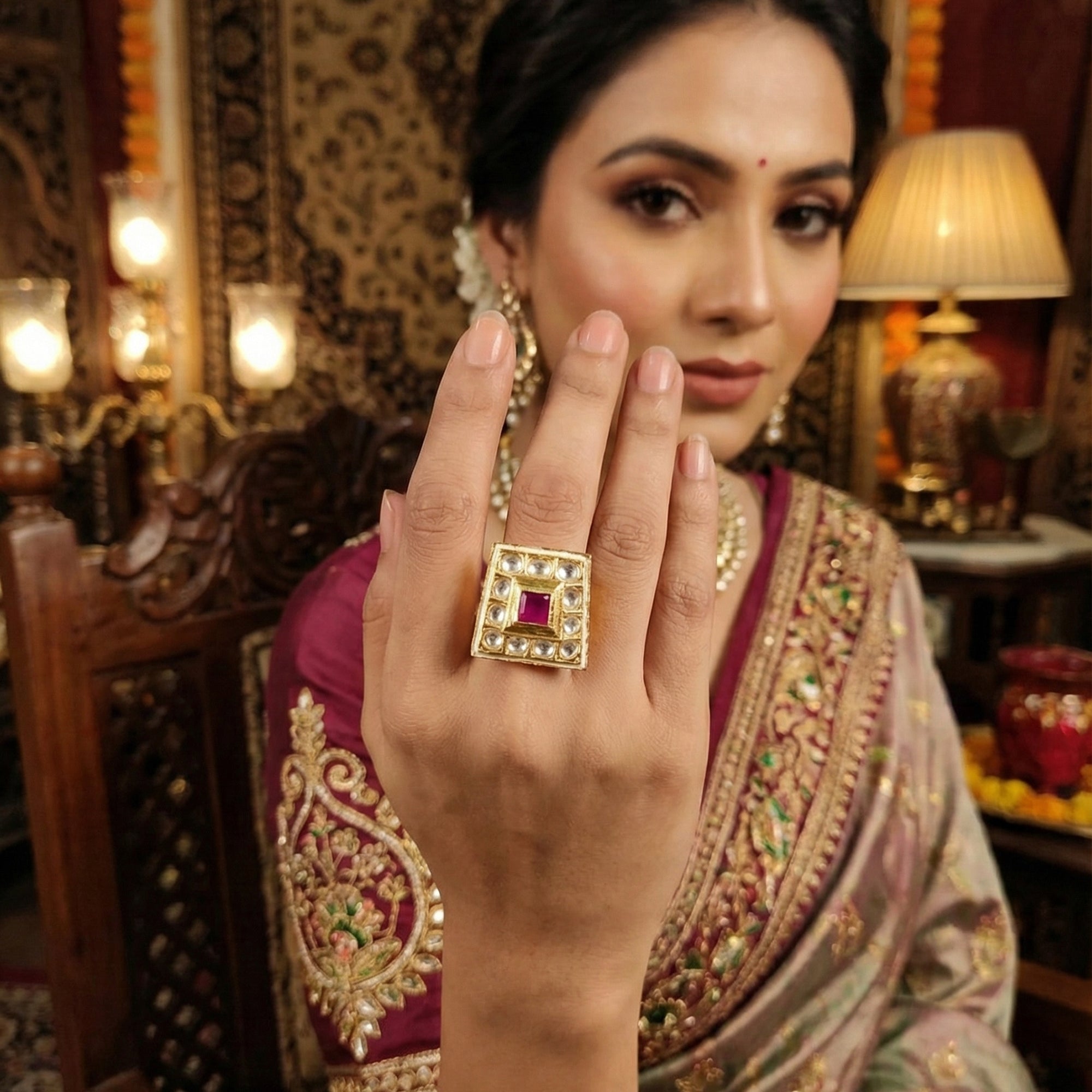 JS Fashion High Gold Square Kundan Adjustable Finger Ring for Women|Royal Square Stone Ring Gift | Grab2Buy
