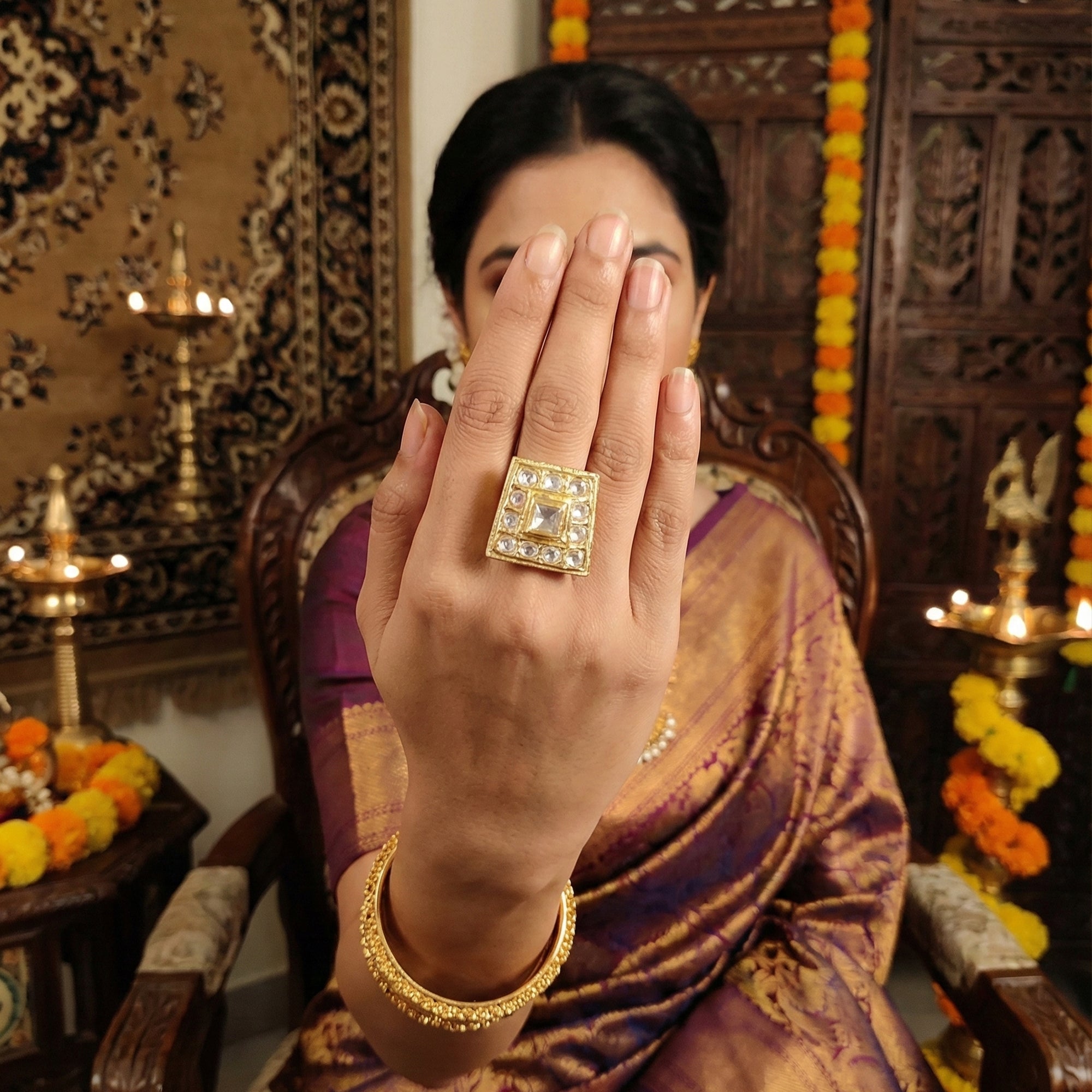 JS Fashion High Gold Square Kundan Adjustable Finger Ring for Women|Royal Square Stone Ring Gift | Grab2Buy