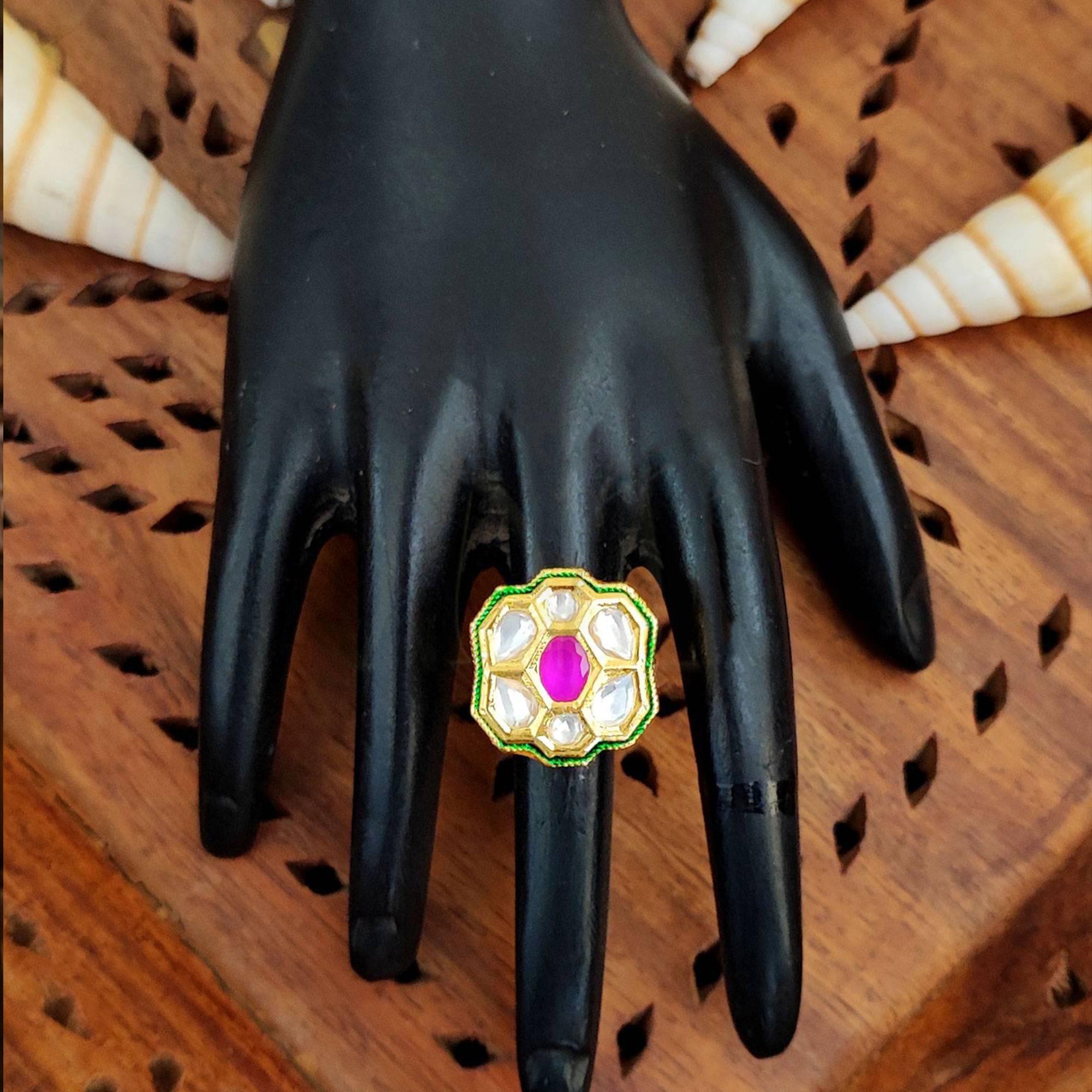 JS Fashion Floral Kundan Adjustable Finger Ring with Multi Center Stone High Gold Finish for Women|Royal Floral Gift | Grab2Buy
