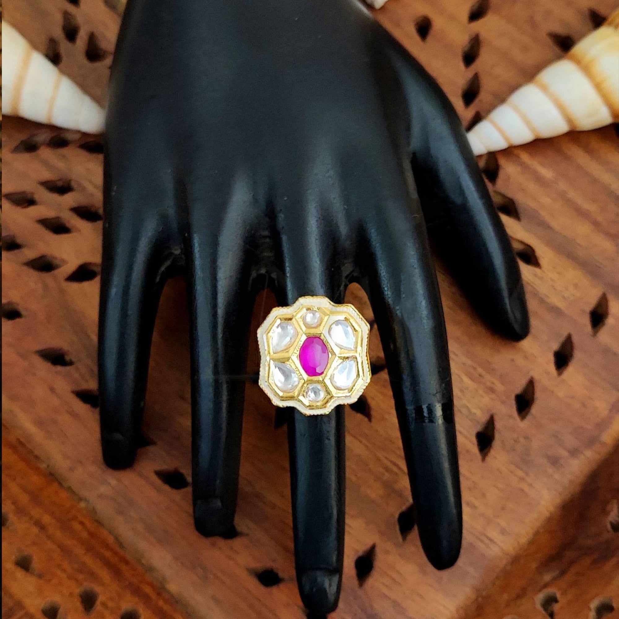 JS Fashion Floral Kundan Adjustable Finger Ring with Multi Center Stone High Gold Finish for Women|Royal Floral Gift | Grab2Buy