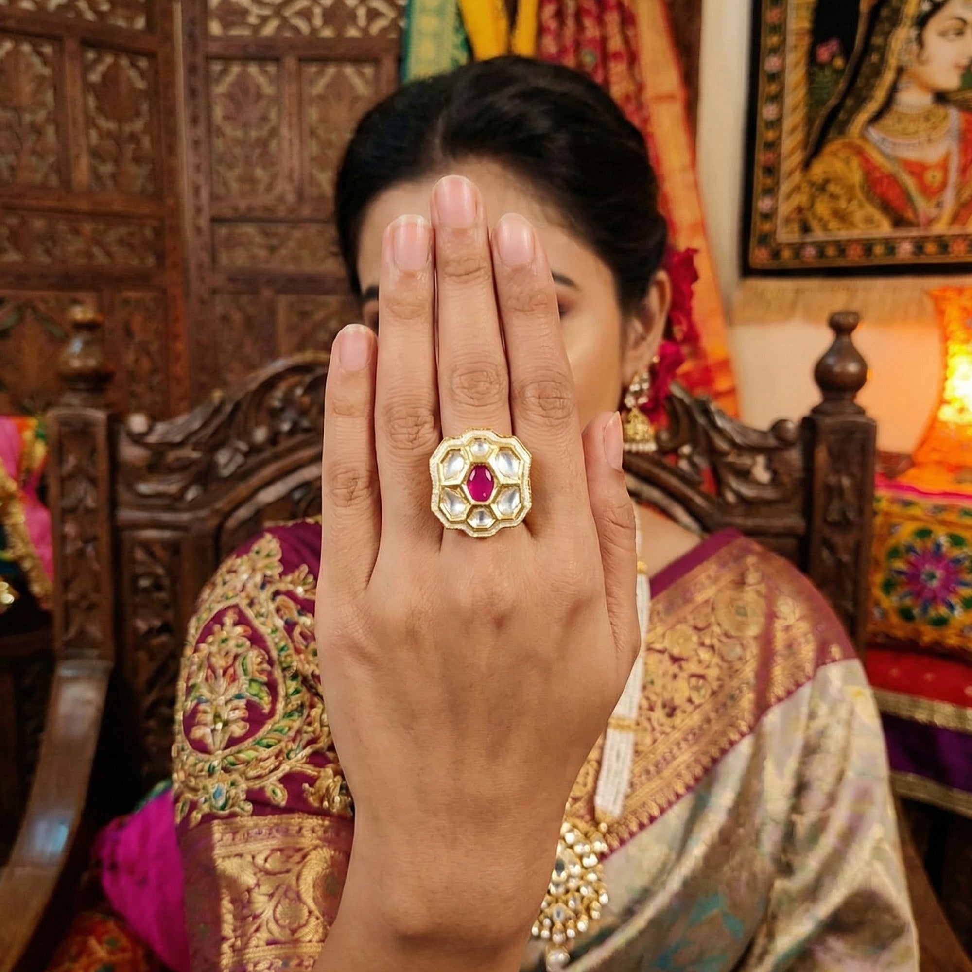 JS Fashion Floral Kundan Adjustable Finger Ring with Multi Center Stone High Gold Finish for Women|Royal Floral Gift | Grab2Buy