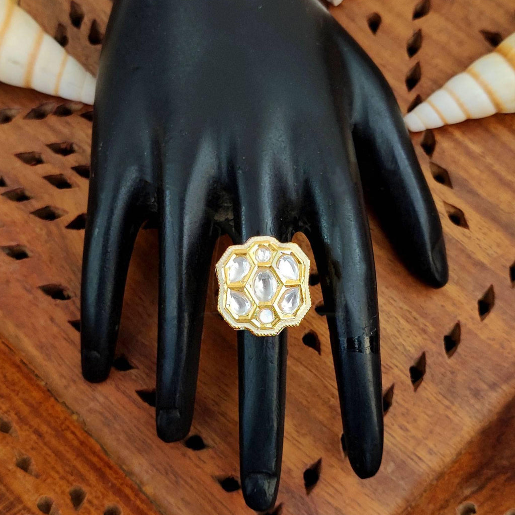 JS Fashion Floral Kundan Adjustable Finger Ring with Multi Center Stone High Gold Finish for Women|Royal Floral Gift | Grab2Buy