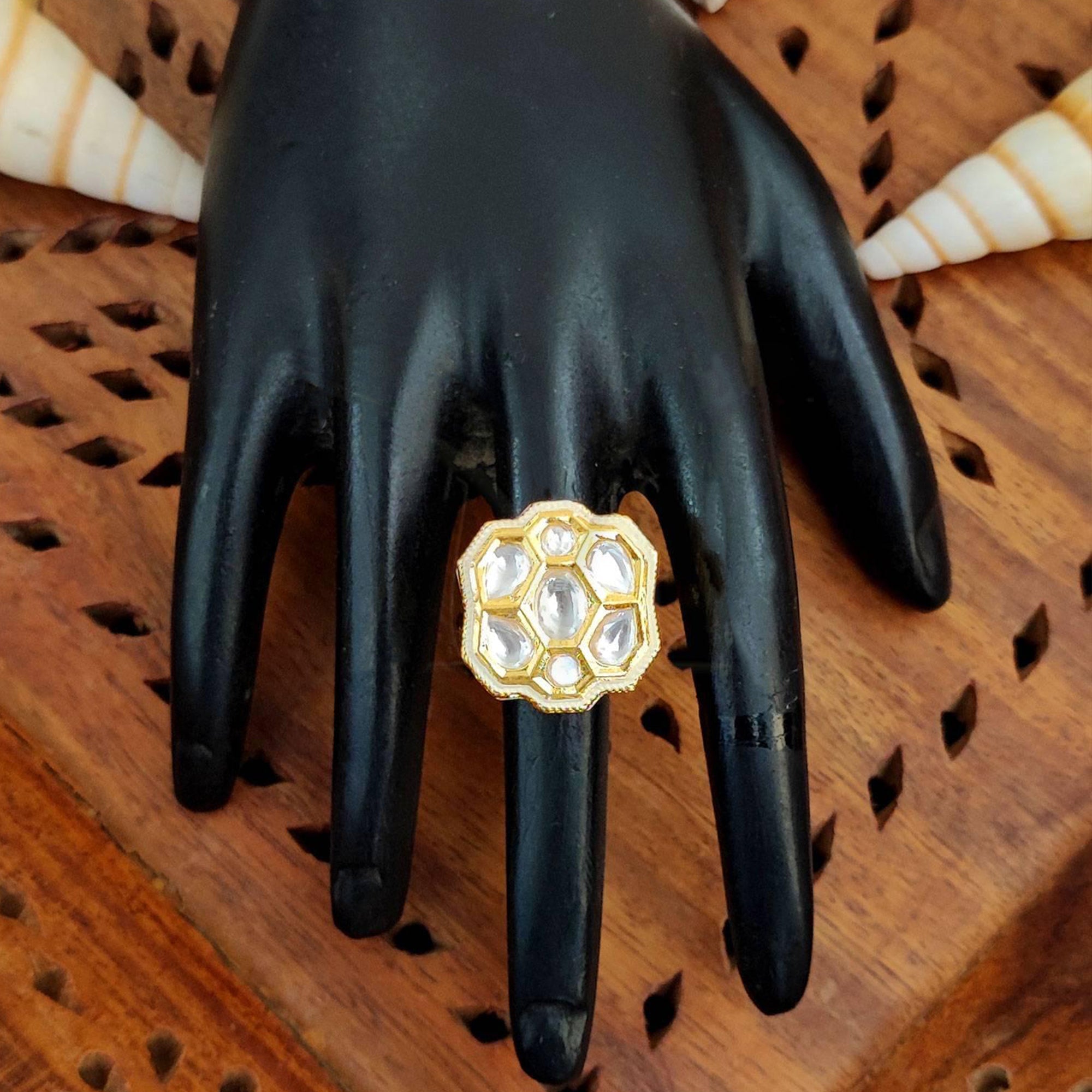 JS Fashion Floral Kundan Adjustable Finger Ring with Multi Center Stone High Gold Finish for Women|Royal Floral Gift | Grab2Buy