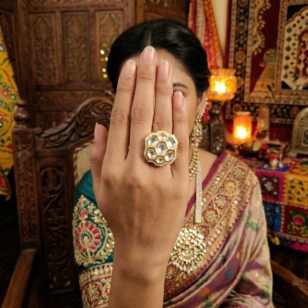JS Fashion Floral Kundan Adjustable Finger Ring with Multi Center Stone High Gold Finish for Women|Royal Floral Gift | Grab2Buy