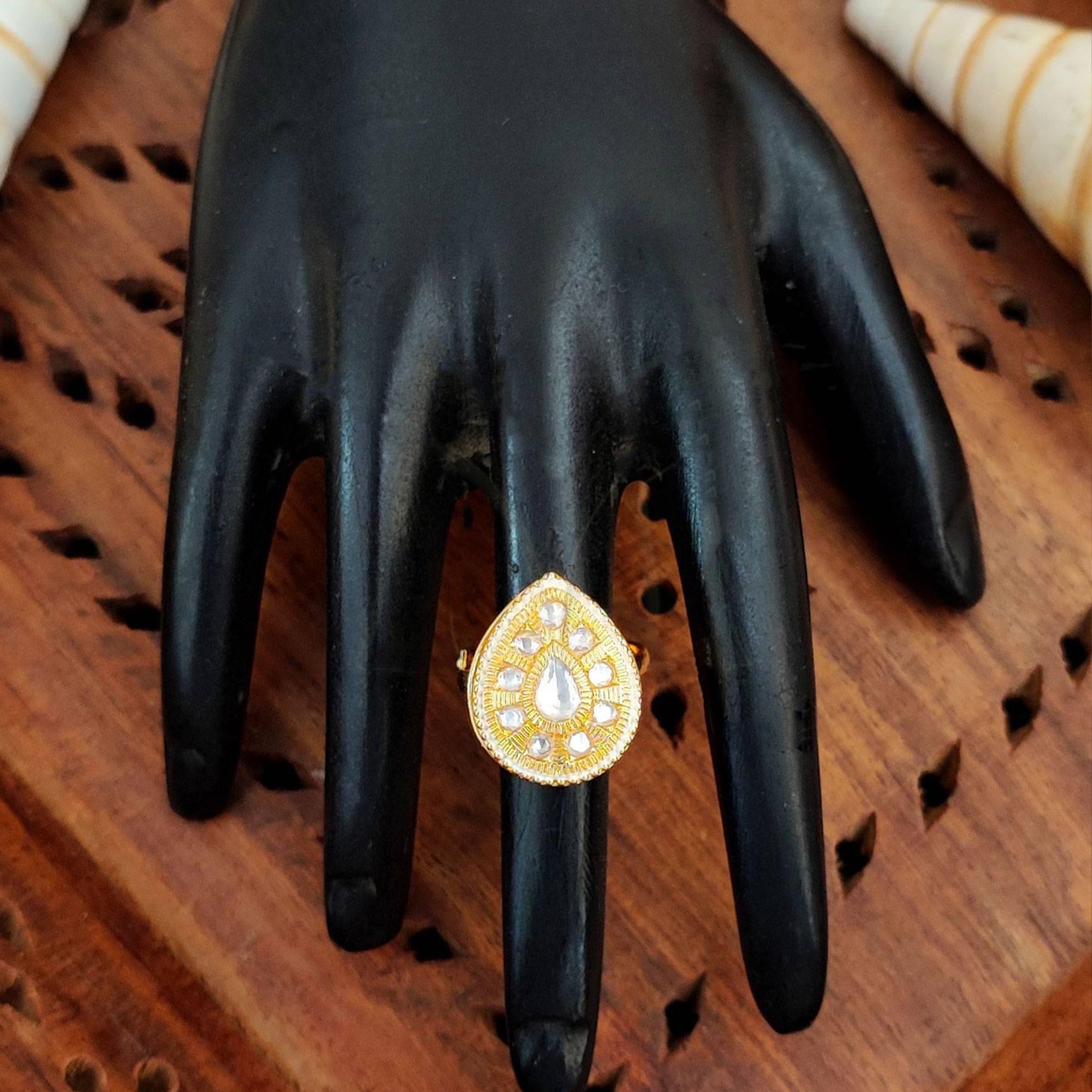 JS Fashion Elegant High Gold Kundan Finger Ring Festive Wear for Women | Adjustable Ethnic Bridal Statement Jewellery for Diwali, Wedding & Party | Sophisticated Royal Gift | Grab2Buy