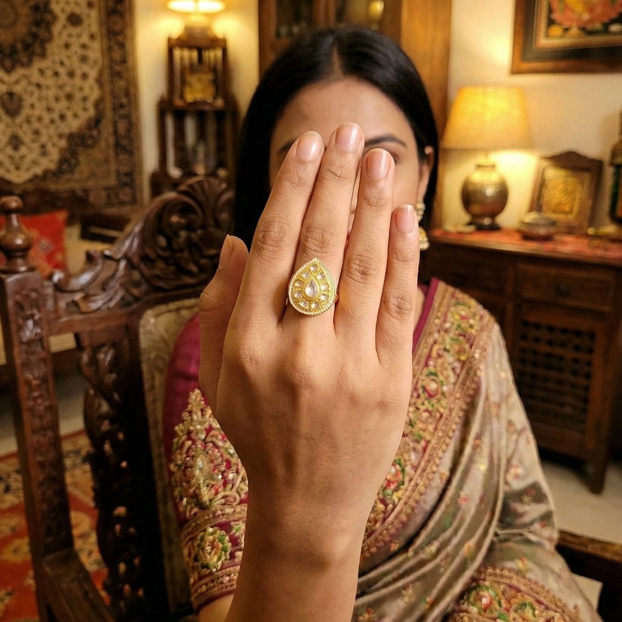 JS Fashion Elegant High Gold Kundan Finger Ring Festive Wear for Women | Adjustable Ethnic Bridal Statement Jewellery for Diwali, Wedding & Party | Sophisticated Royal Gift | Grab2Buy