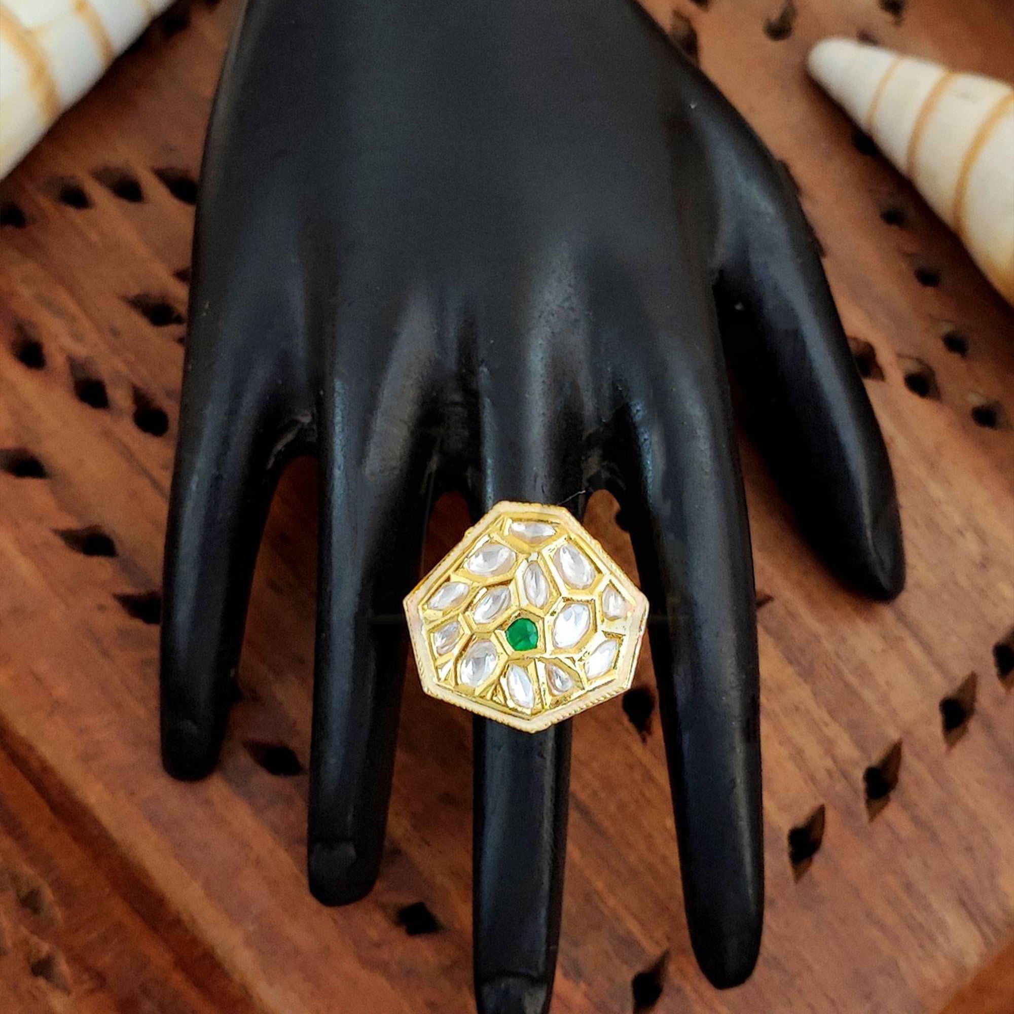 JS Fashion Kundan Design High Gold Polish Fancy Adjustable Finger Ring for Women|Royal Fancy Ring Gift Set | Grab2Buy