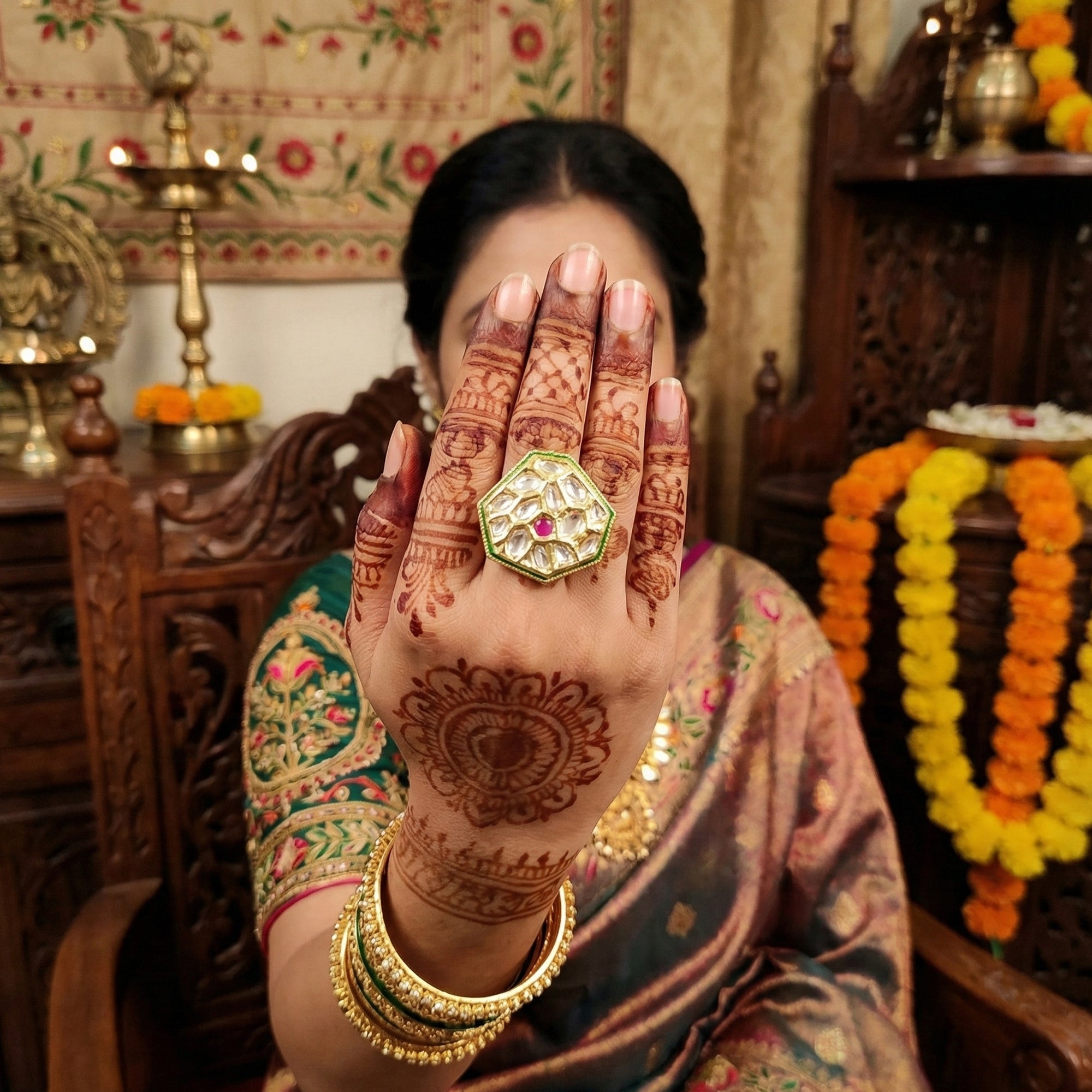 JS Fashion Classic Kundan Finger Ring High Gold Finish Adjustable for Women|Traditional Statement Ring Gift | Grab2Buy