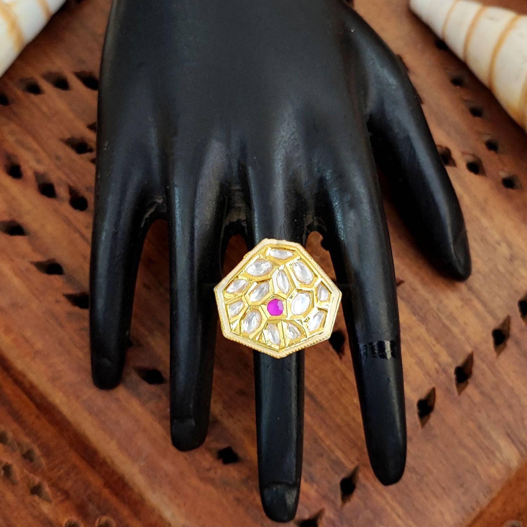 JS Fashion Classic Kundan Finger Ring High Gold Finish Adjustable for Women|Traditional Statement Ring Gift | Grab2Buy