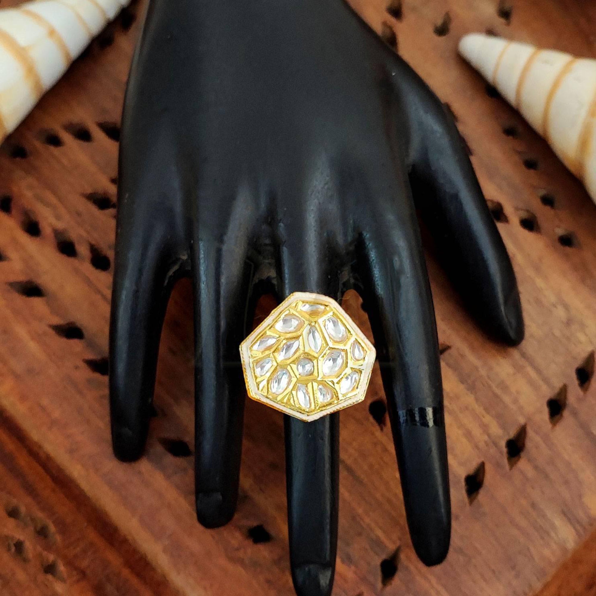 JS Fashion Classic Kundan Finger Ring High Gold Finish Adjustable for Women|Traditional Statement Ring Gift | Grab2Buy