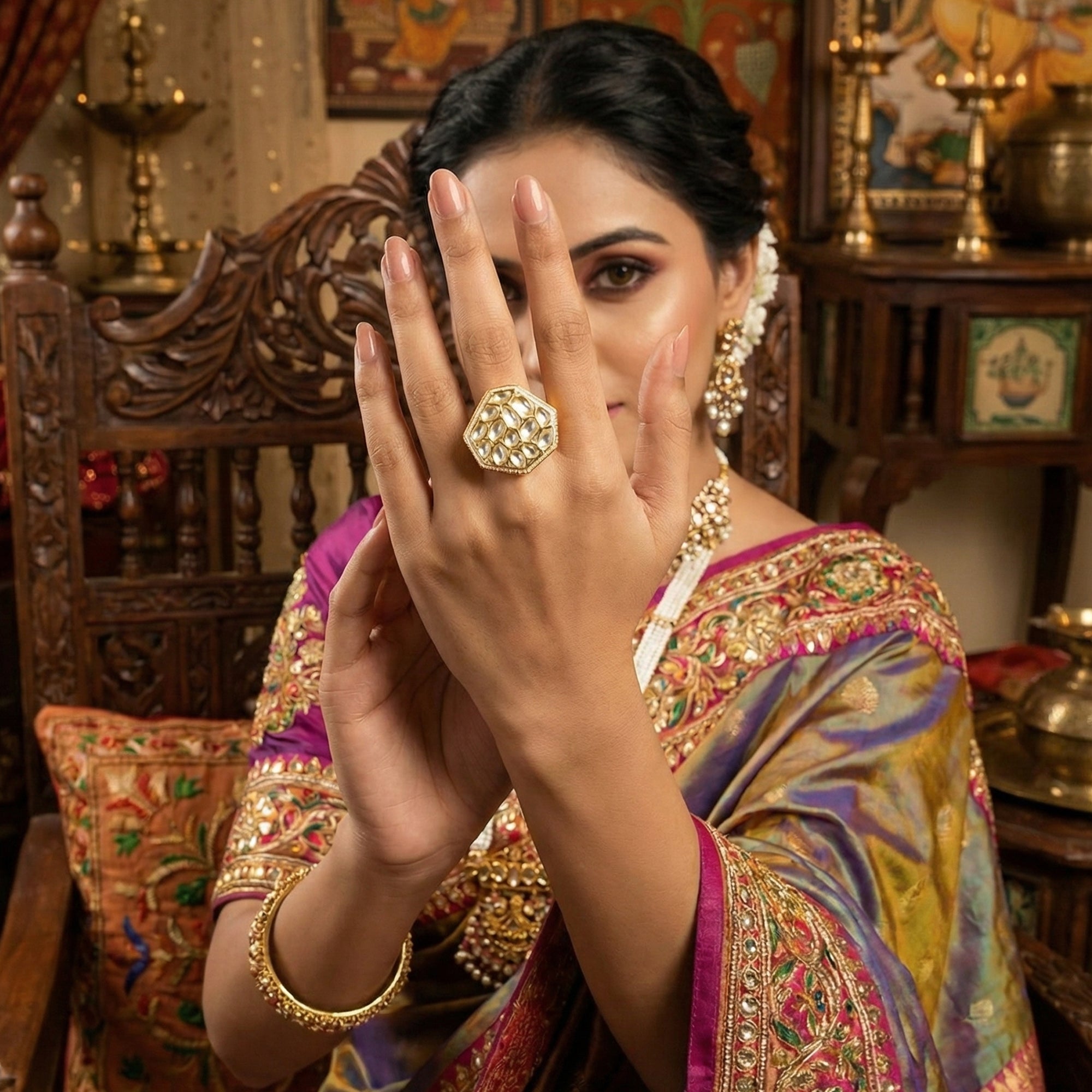 JS Fashion Classic Kundan Finger Ring High Gold Finish Adjustable for Women|Traditional Statement Ring Gift | Grab2Buy