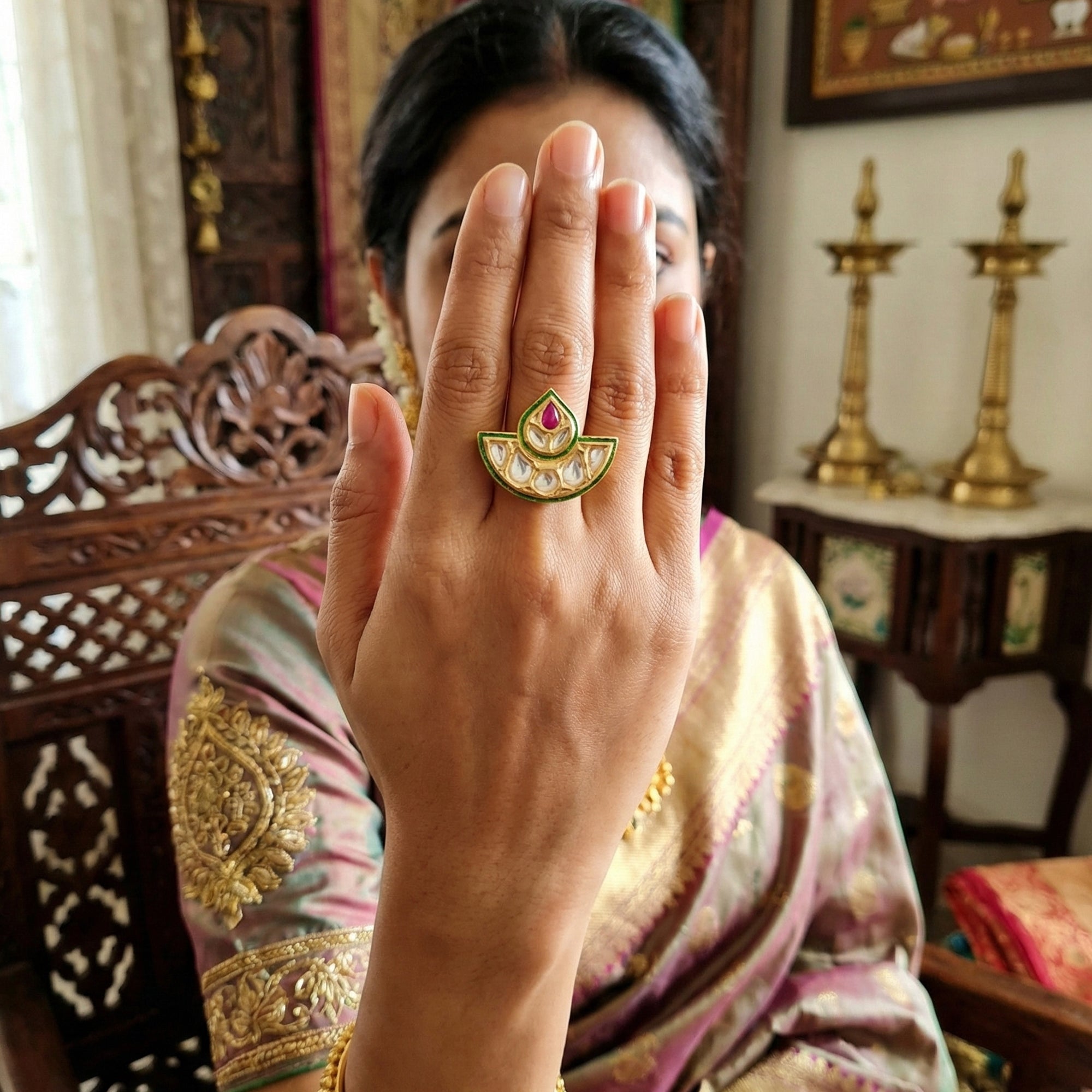 JS Fashion Kundan Design High Gold Polish Fancy Adjustable Finger Ring for Women|Royal Fancy Ring Gift Set | Grab2Buy