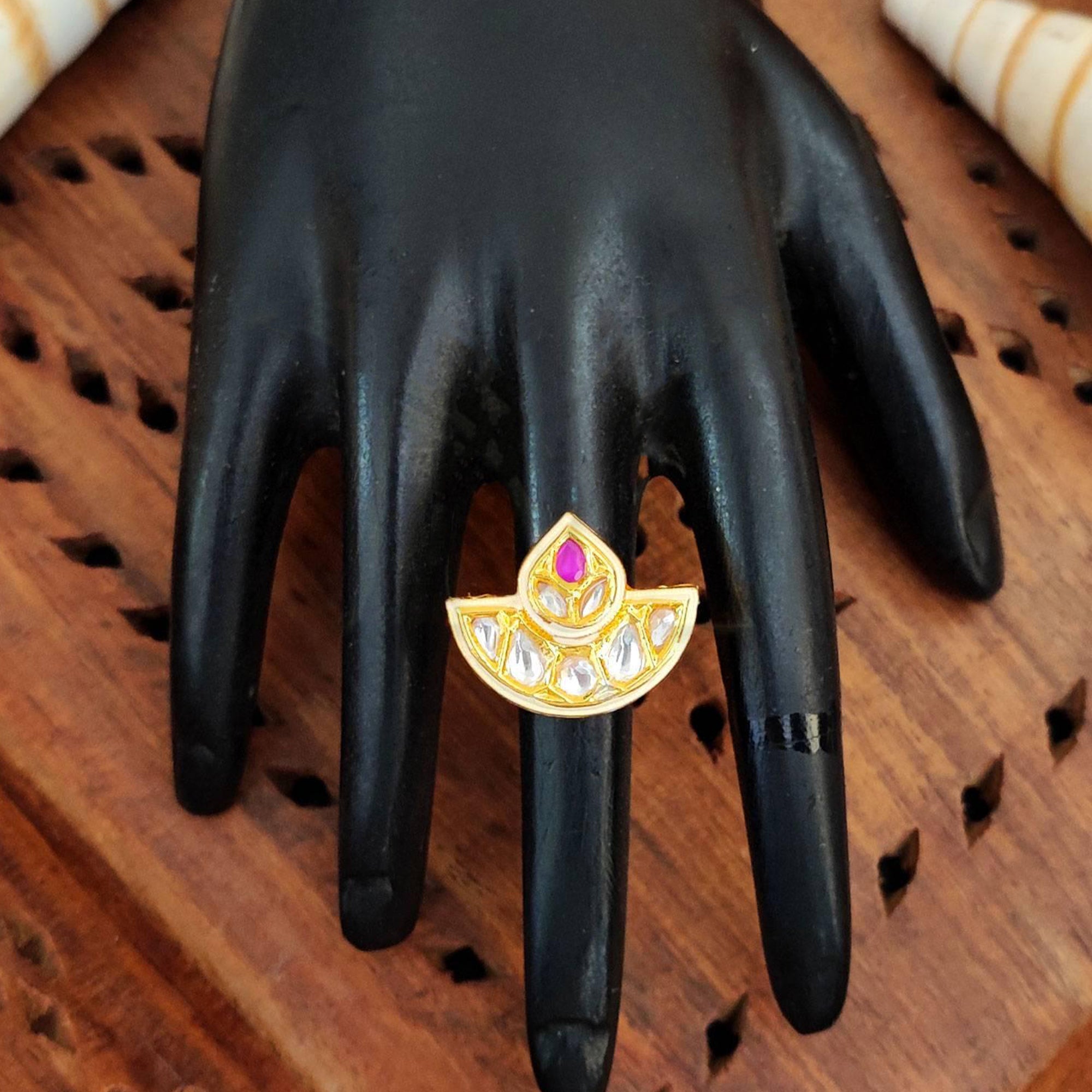 JS Fashion Kundan Design High Gold Polish Fancy Adjustable Finger Ring for Women|Royal Fancy Ring Gift Set | Grab2Buy