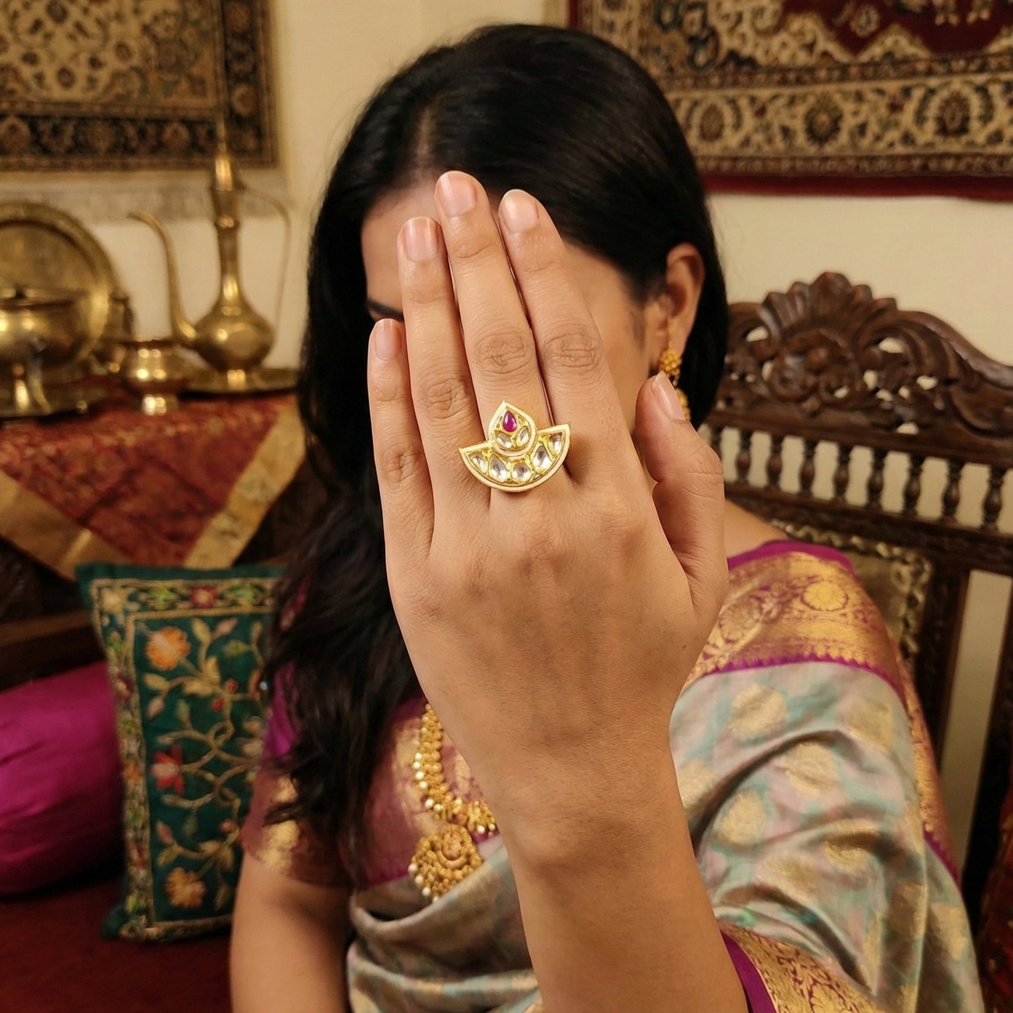 JS Fashion Kundan Design High Gold Polish Fancy Adjustable Finger Ring for Women|Royal Fancy Ring Gift Set | Grab2Buy