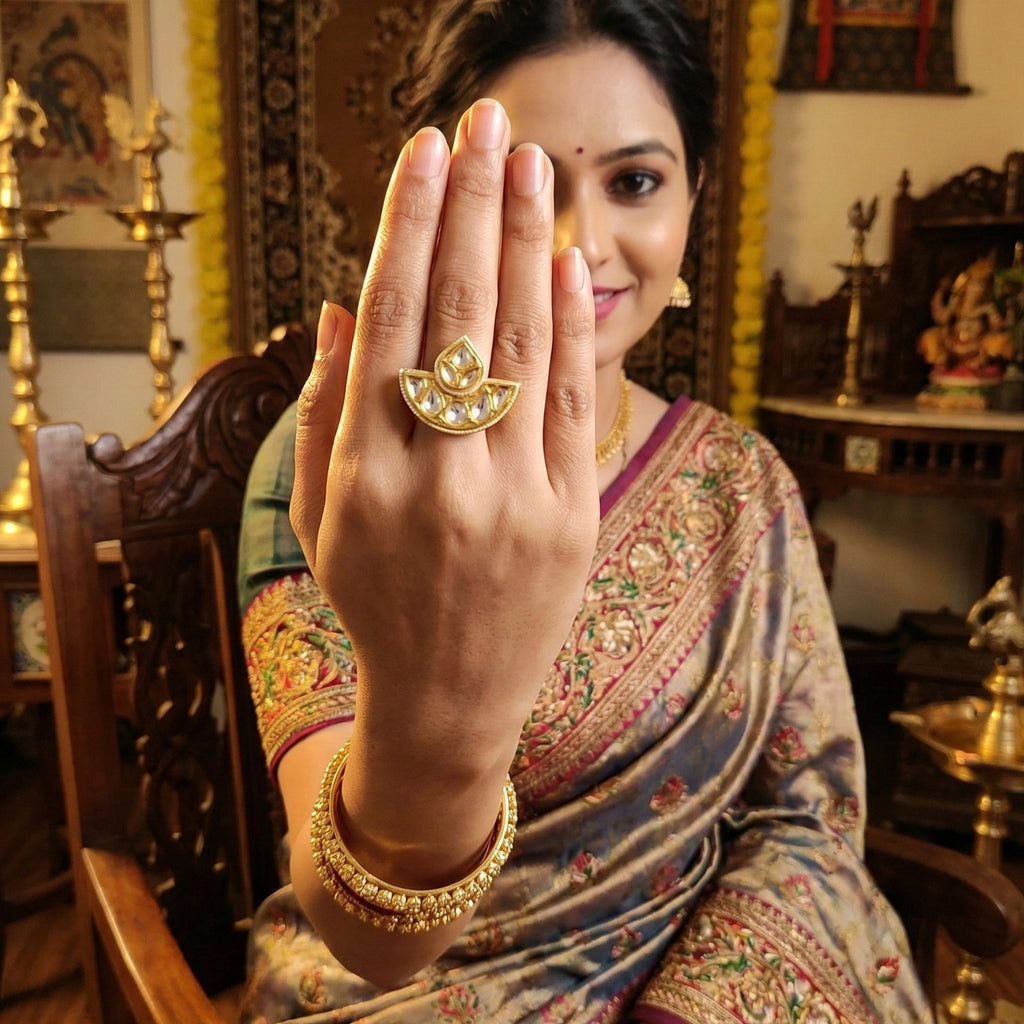 JS Fashion Kundan Design High Gold Polish Fancy Adjustable Finger Ring for Women|Royal Fancy Ring Gift Set | Grab2Buy