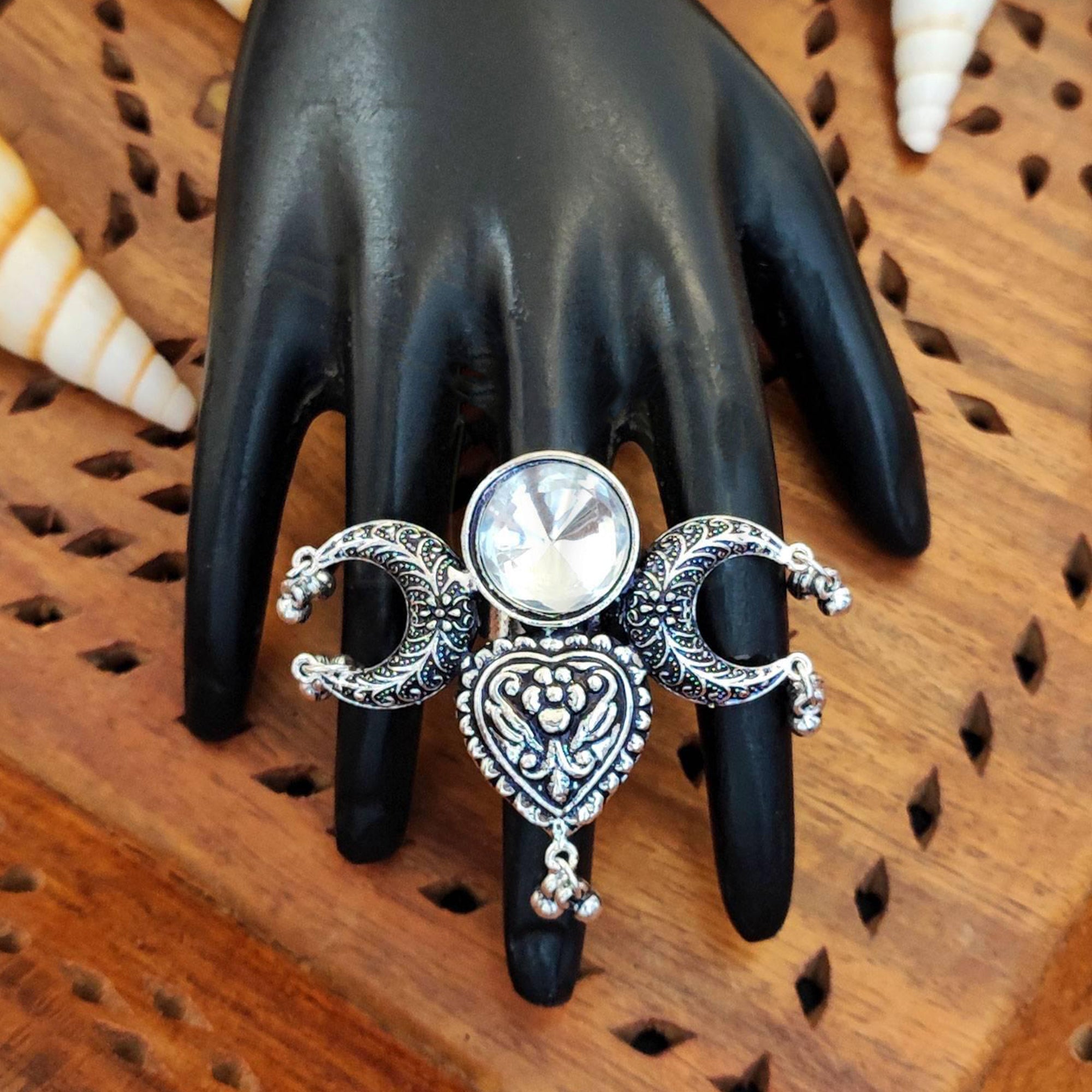 JS Fashion Antique Oxidized Silver Finger Ring with Drop Charm for Women | Adjustable Bohemian Ethnic Statement Jewellery for Party, Wedding & Festive | Vintage Dangler Ring Gift | Grab2Buy