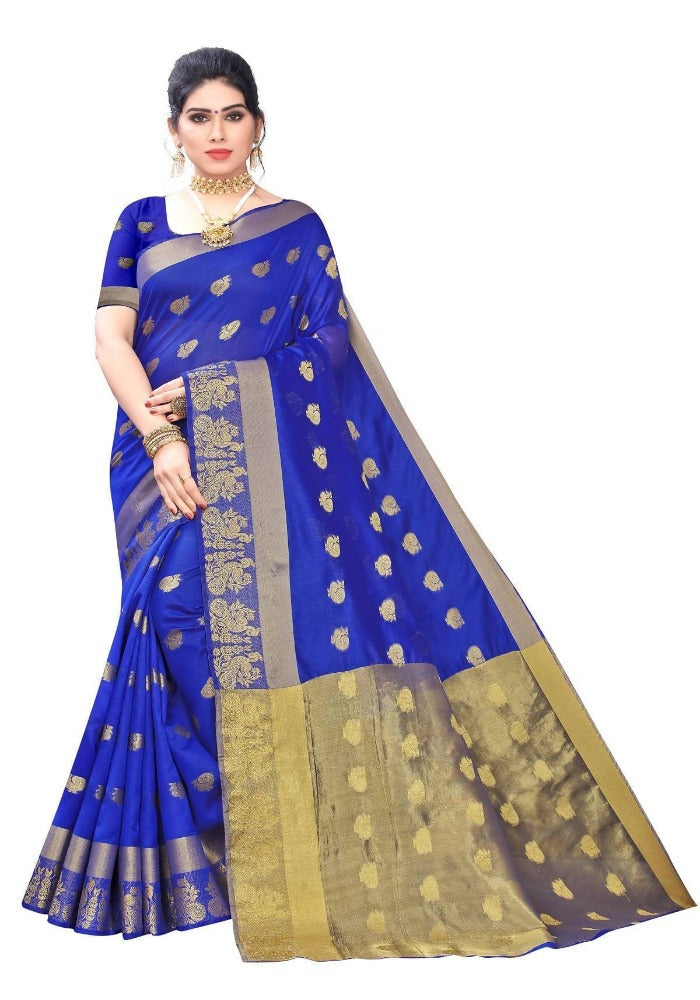 Vamika Banarasi Jacquard Weaving Blue With Gold Print Saree | Grab2Buy