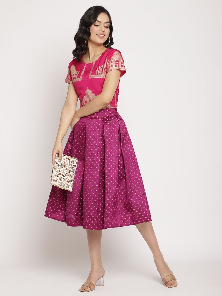 Ahalyaa Women's Pink Poly Silk Gold Foil Print Top With Skirt | Grab2Buy