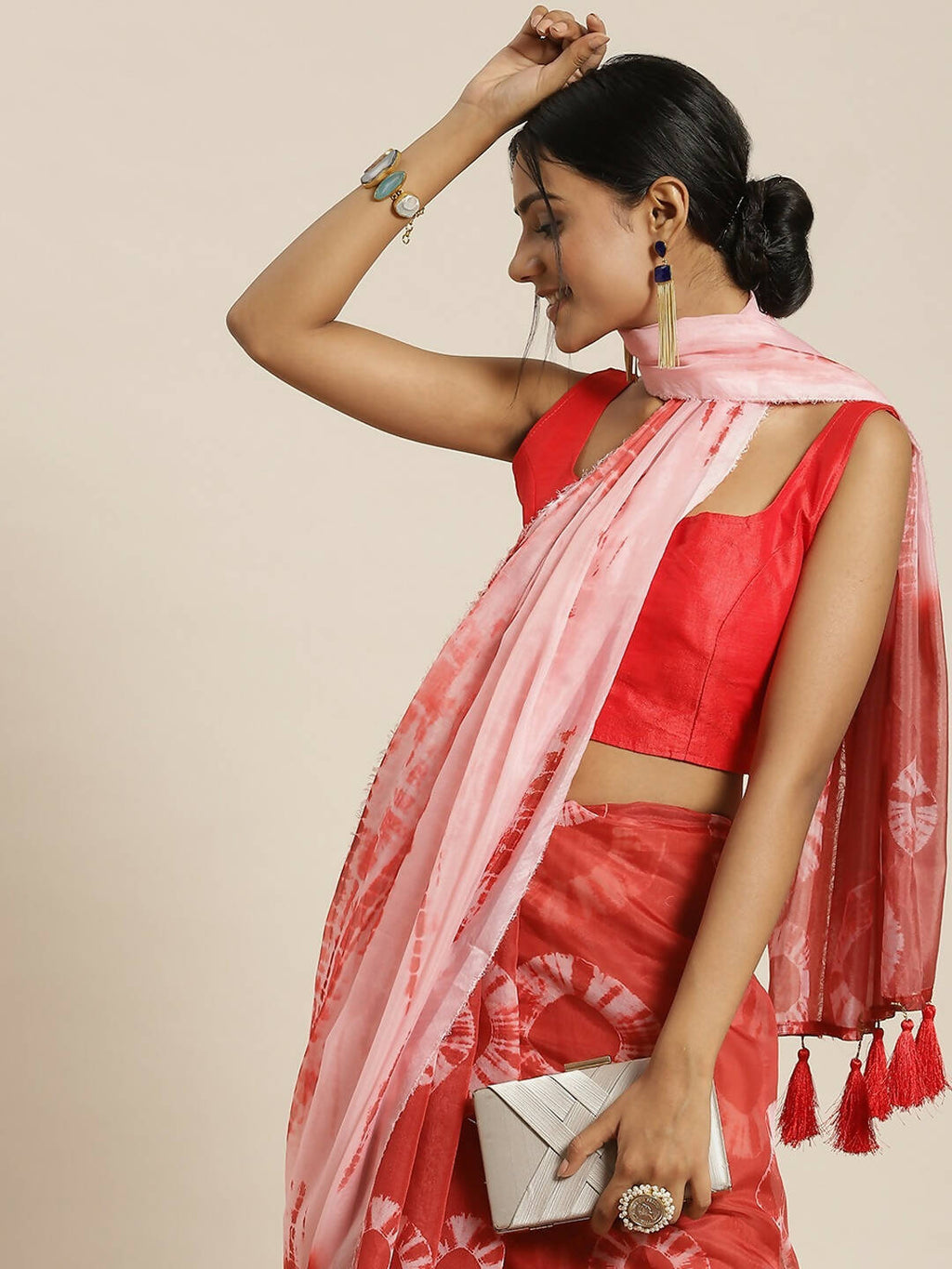 Red Organza Printed Saree With Blouse Piece - Nivaa | Grab2Buy