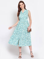 Myshka Women's Green Printed Rayon Sleeveless Collar Neck Casual Dress | Grab2Buy