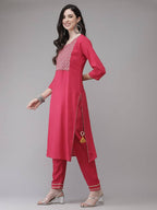 Yufta Women Pink Solid Kurta with Trouser & With Dupatta | Grab2Buy
