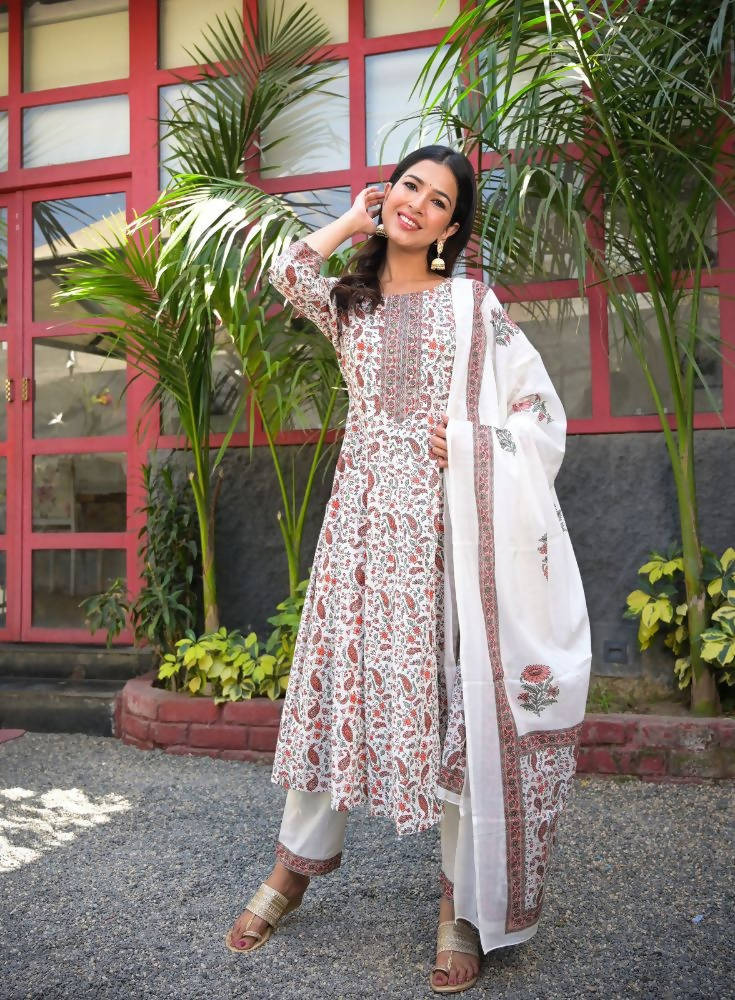 Yufta Women White Paisley Printed Regular Sequinned Pure Cotton Kurta with Palazzo & With Dupatta | Grab2Buy