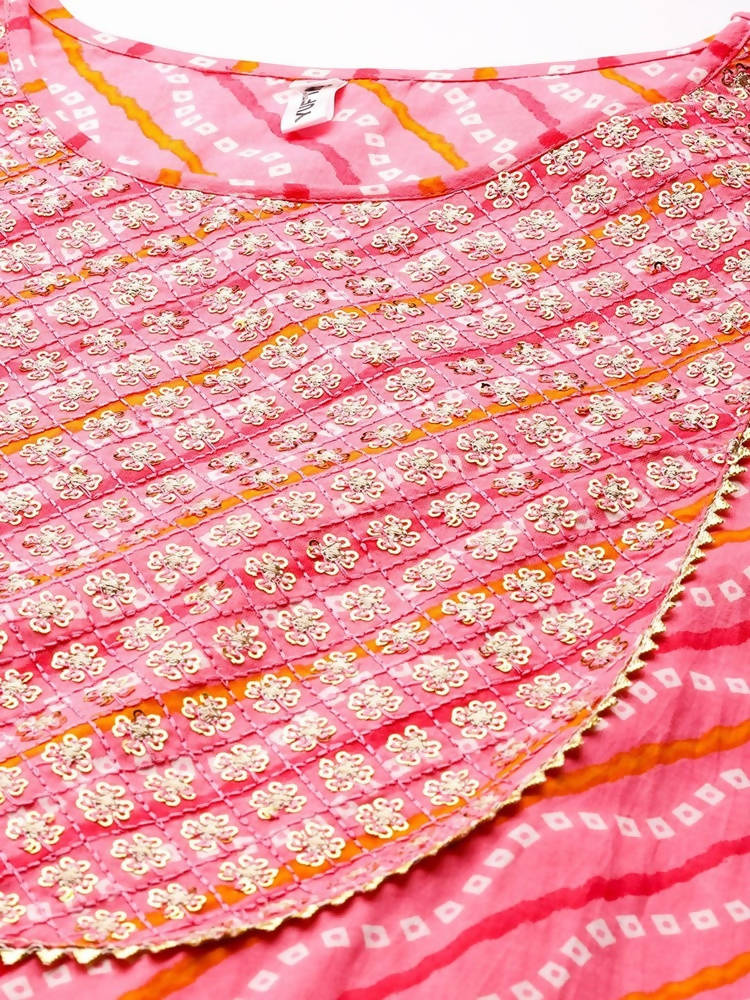 Yufta Women Pink Bandhani Yoke Design Regular Sequined Pure Cotton Kurta with Palazzo | Grab2Buy