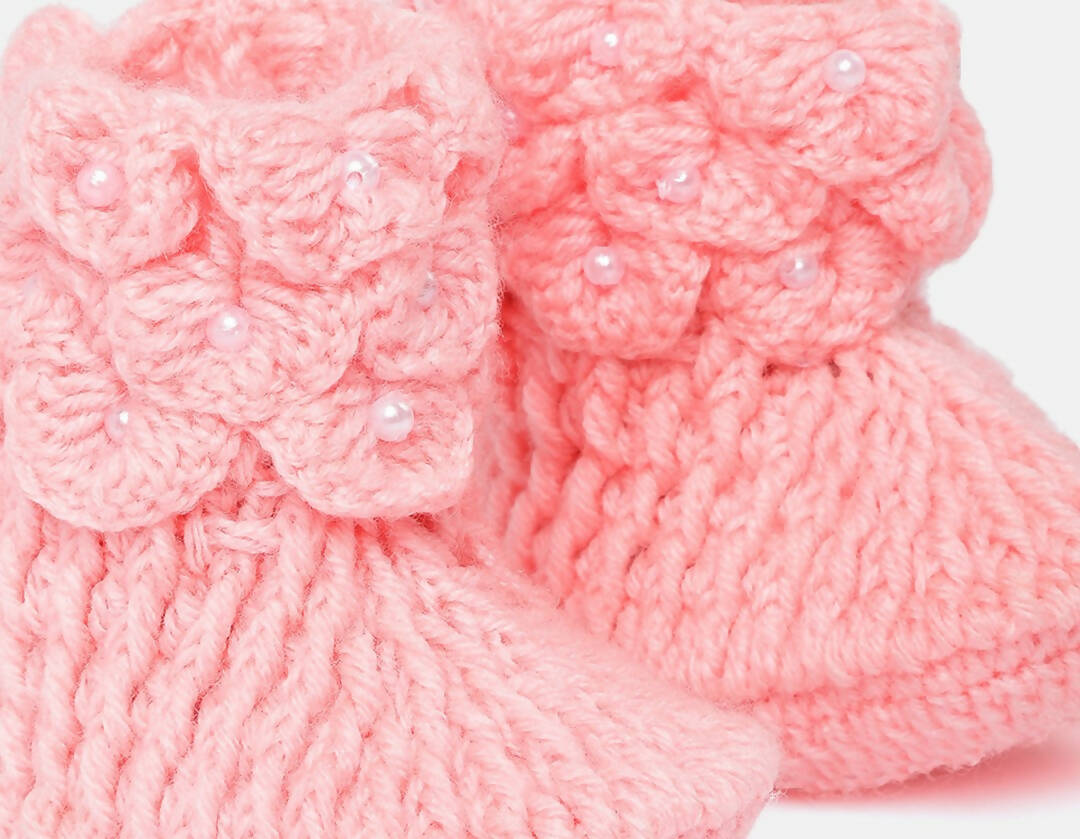 Chutput Kids Woollen Hand Knitted Self Desgin Detailed Booties - Pink | Grab2Buy