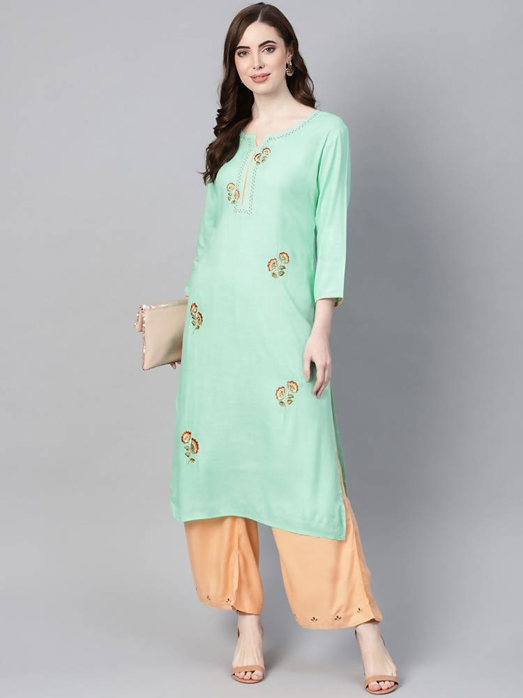 Yufta Women Sea Green & Peach Embroidered Kurta with Palazzo | Grab2Buy