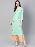 Yufta Women Sea Green & Peach Embroidered Kurta with Palazzo | Grab2Buy