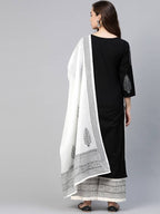 Yufta Women Black & White Yoke Design Thread Work Cotton Kurta with Palazzo & Dupatta | Grab2Buy