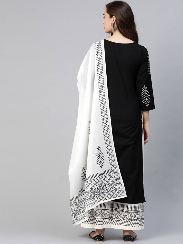 Yufta Women Black & White Yoke Design Thread Work Cotton Kurta with Palazzo & Dupatta | Grab2Buy