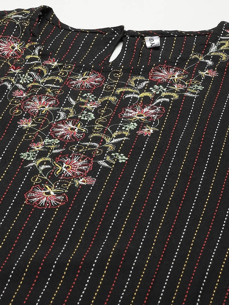 Yufta Women Black Yoke Design Kantha Work Floral Kurta | Grab2Buy