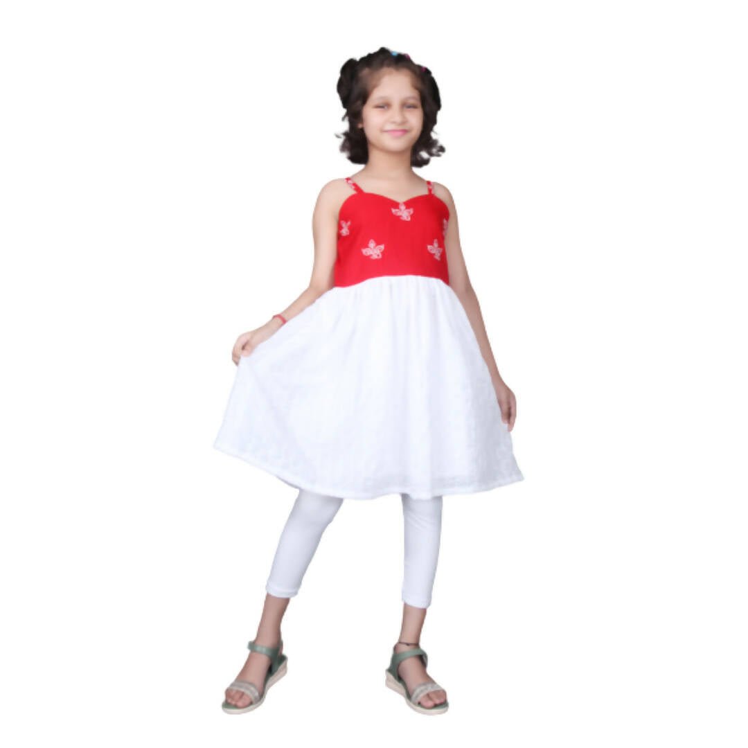 Akarshan Pure Cotton Frock Style Kurti with Leggings Set - Red & White | Grab2Buy
