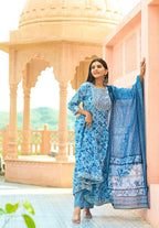 Yufta Women Blue Floral print Pure Cotton Anarkali Kurta with Trouser and Dupatta | Grab2Buy