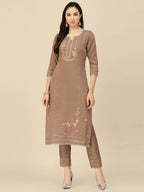 Brown Embroidered Chinon Straight Kurta With Trouser & Dupatta - Salimar | Grab2Buy