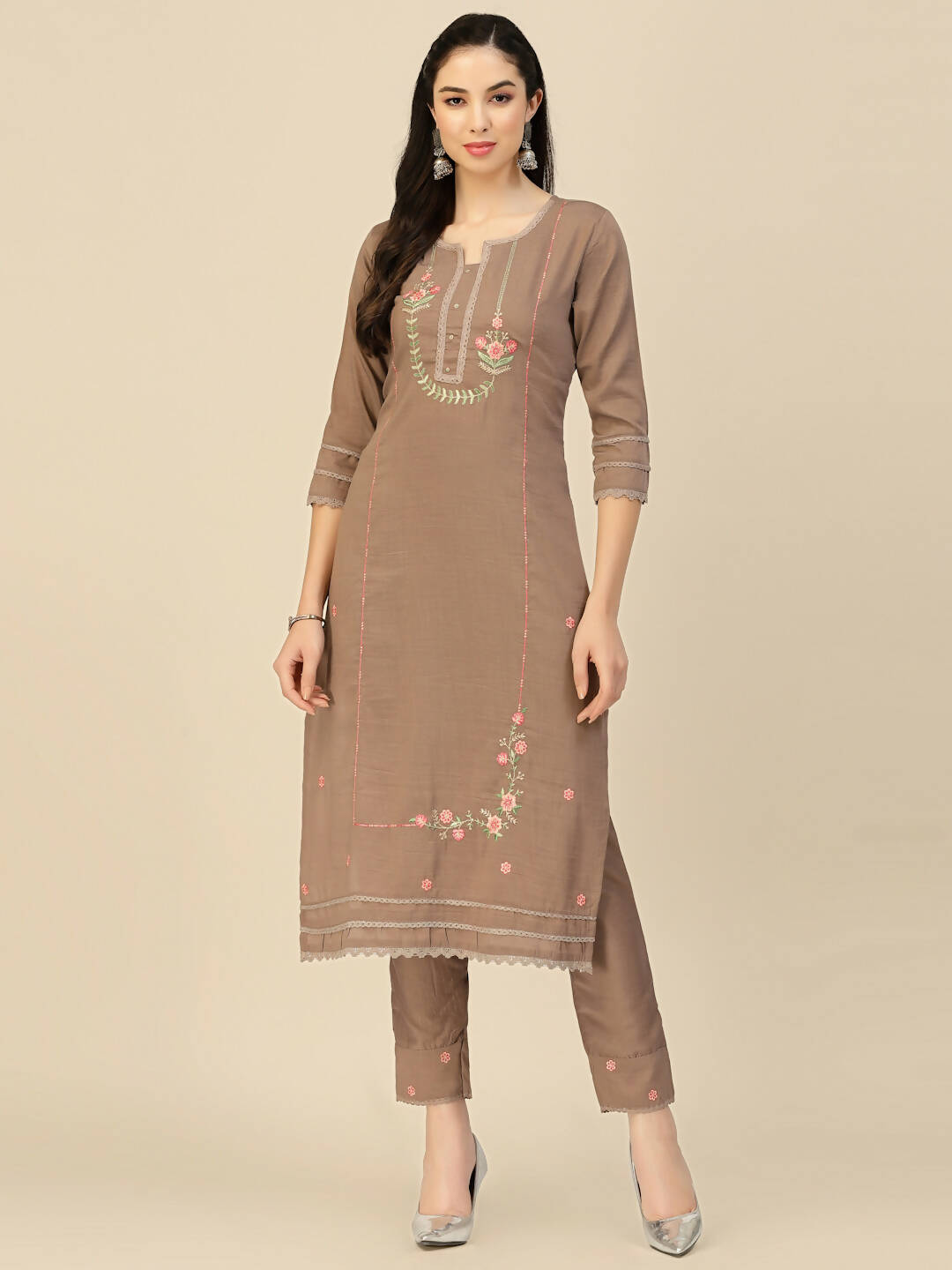 Brown Embroidered Chinon Straight Kurta With Trouser & Dupatta - Salimar | Grab2Buy