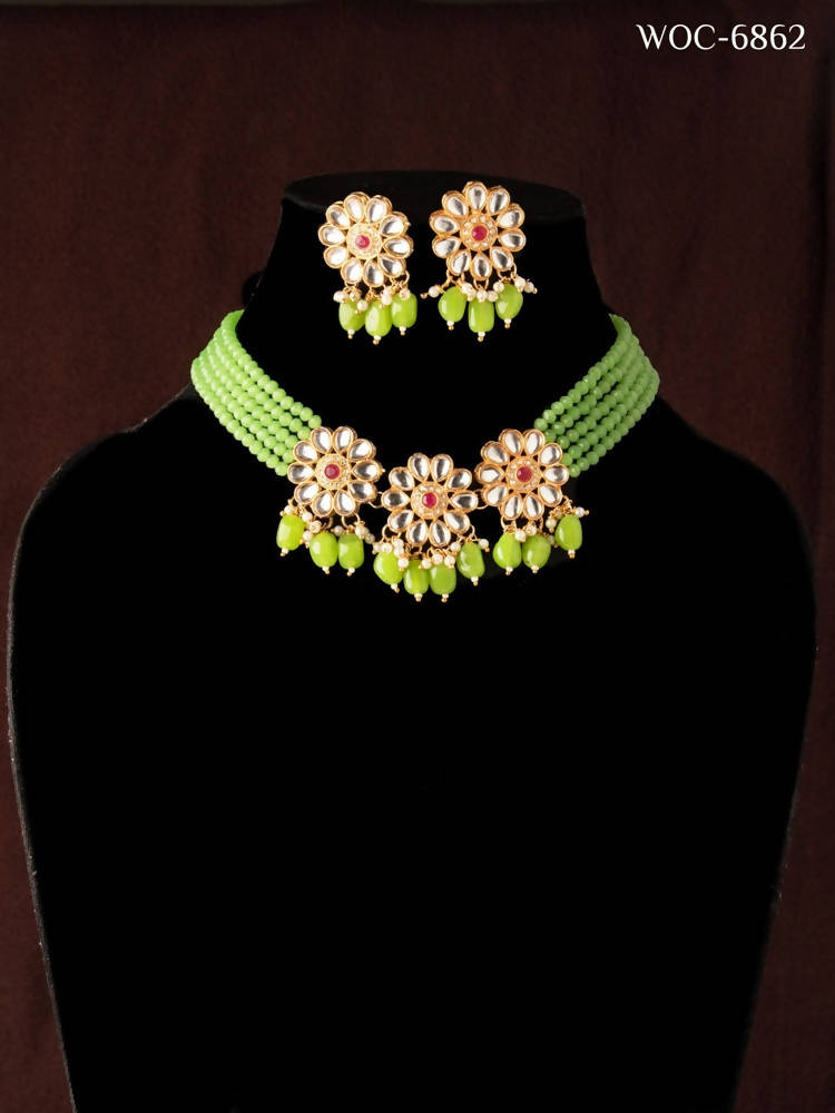 Mominos Fashion Johar Kamal Women's Pista Beads Pearls Gold-Polished Jewellery Set | Grab2Buy