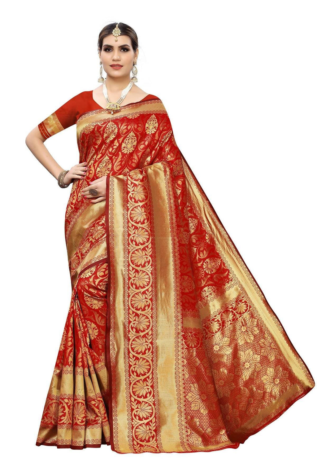 Vamika Banarasi Jaquard Red Weaving Saree | Grab2Buy
