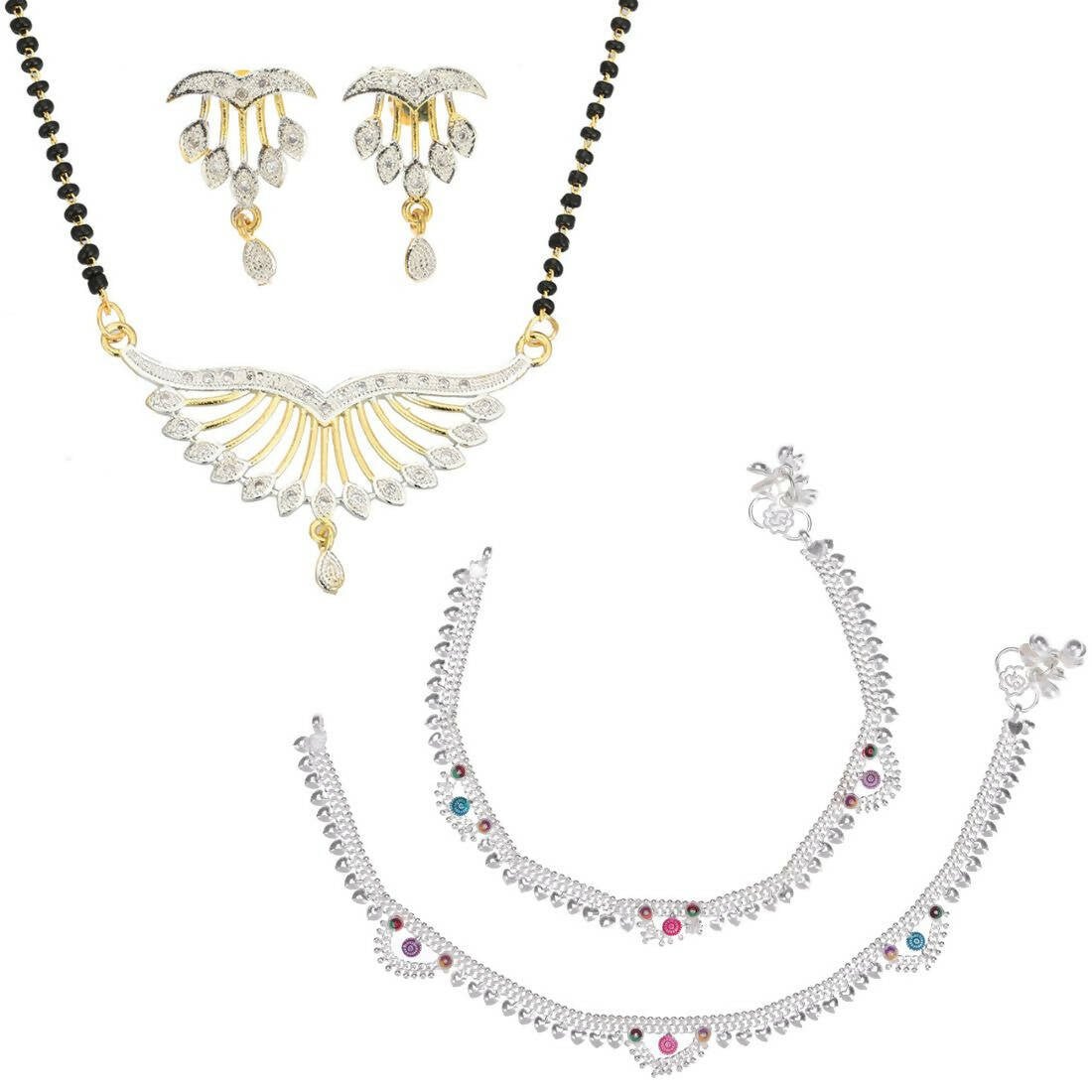 AanyaCentric Gold-Polished Mangalsutra Pendant Earring Set & Silver Plated Anklet | Grab2Buy