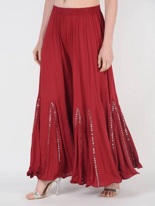 Mominos Fashion Maroon Viscose Rayon Flared Palazzo with Mirror Lace Work | Grab2Buy