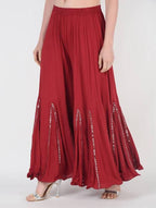 Mominos Fashion Maroon Viscose Rayon Flared Palazzo with Mirror Lace Work | Grab2Buy