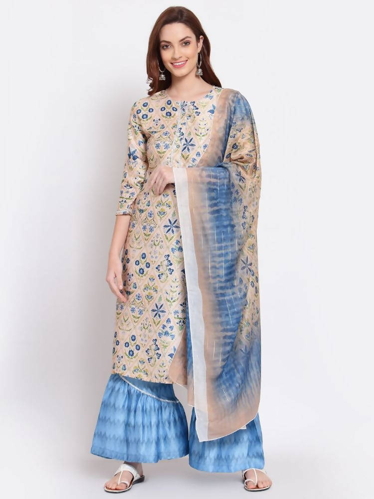 Myshka Women's Multi Color Printed Cotton Blend 3/4 Sleeve Round Neck Casual Kurta Palazzo Dupatta Set | Grab2Buy